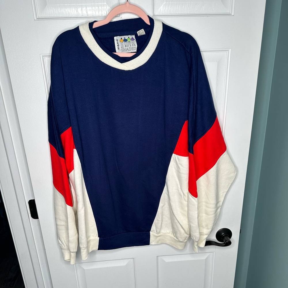 Big Man Shades Colorblock Sweatshirt Red White Navy 90s Retro Acrylic Pullover - Picture 2 of 10